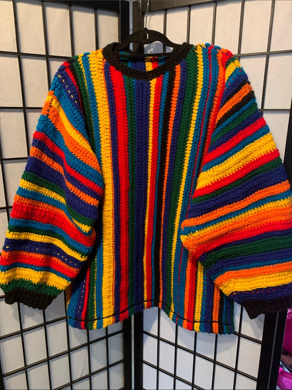 Handmade Rainbow Stripe Crochet Sweater - Multicolor Size L-XL